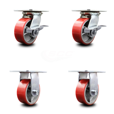 SERVICE CASTER 5 Inch Red Poly on Cast Iron Caster Set with Roller Bearing 2 Brakes 2 Rigid SCC-35S520-PUR-RS-SLB-2-R-2